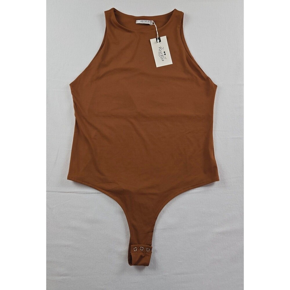 NWT REORIA Womens XL Double Lined Bodysuit Camel Brown Stretch Halter Tank